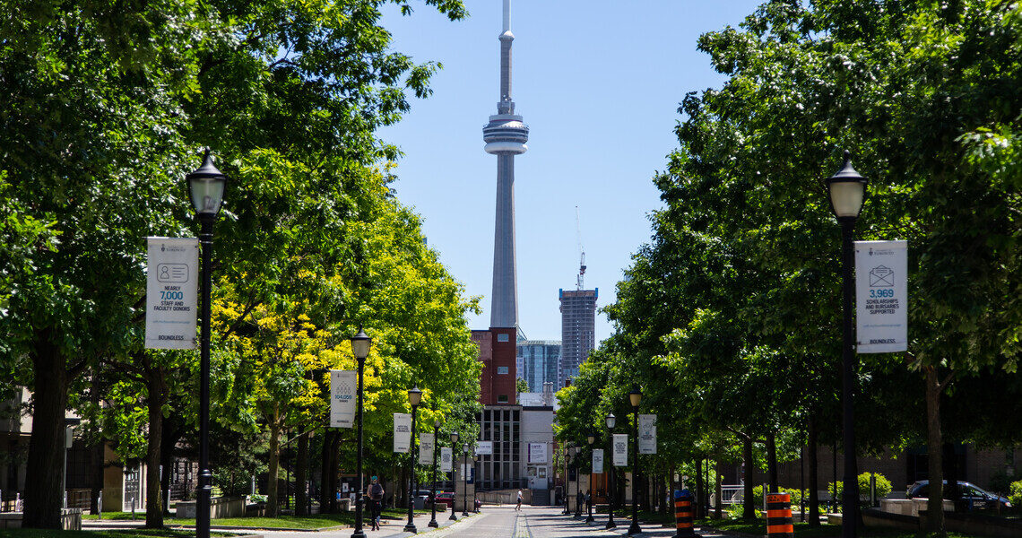 Photo of the campus in the summer with the CN Tower in the background.